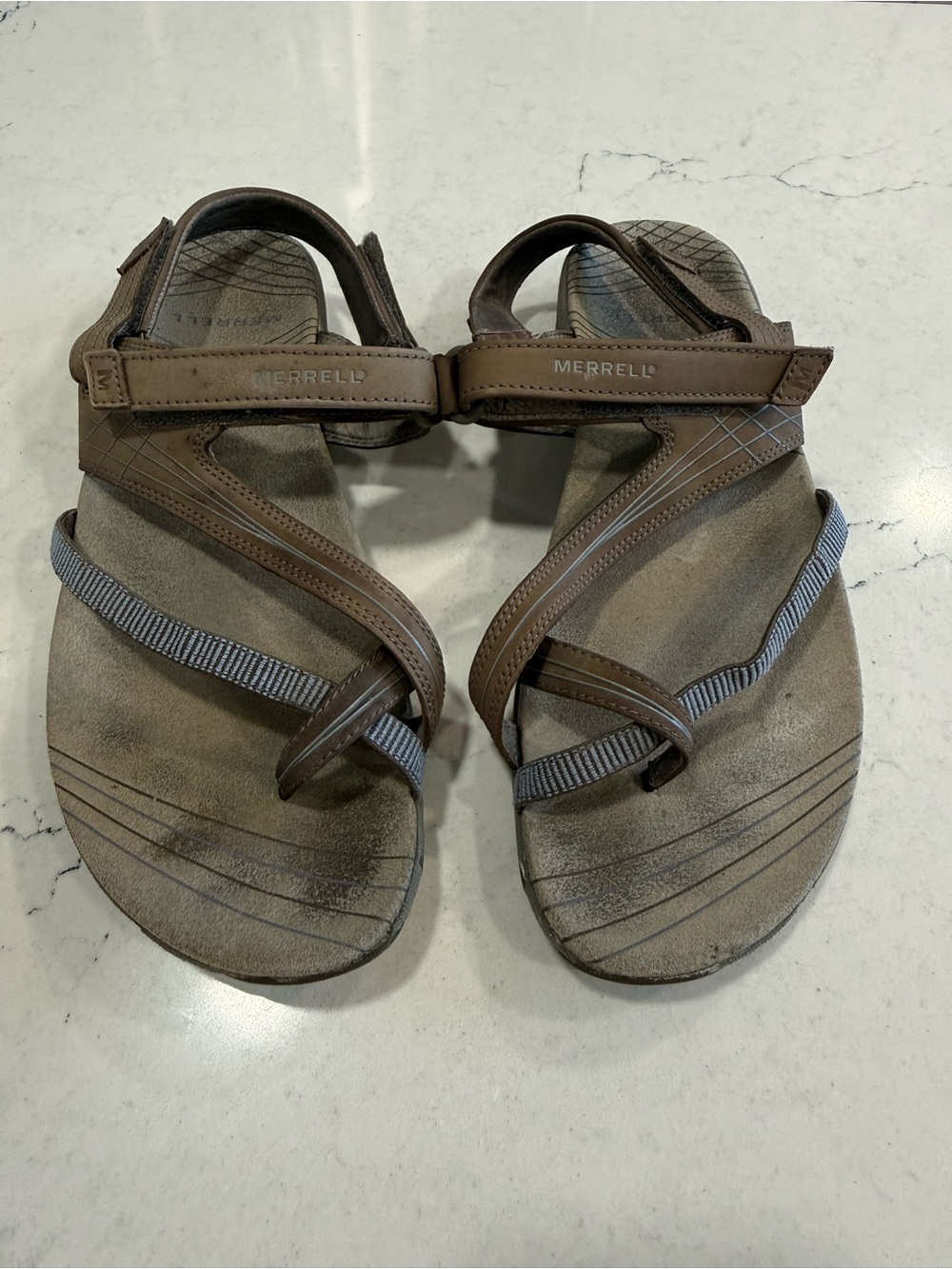 Merrell Women’s Strappy Sandals Adjustable Hook & Loop Brown Gray US 9